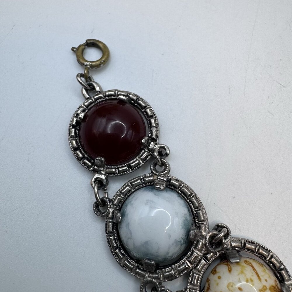 Vintage Large Scarab Gem Stone Double Link Bracelet Silver Tone Unsigned Adjust - Picture 8 of 12